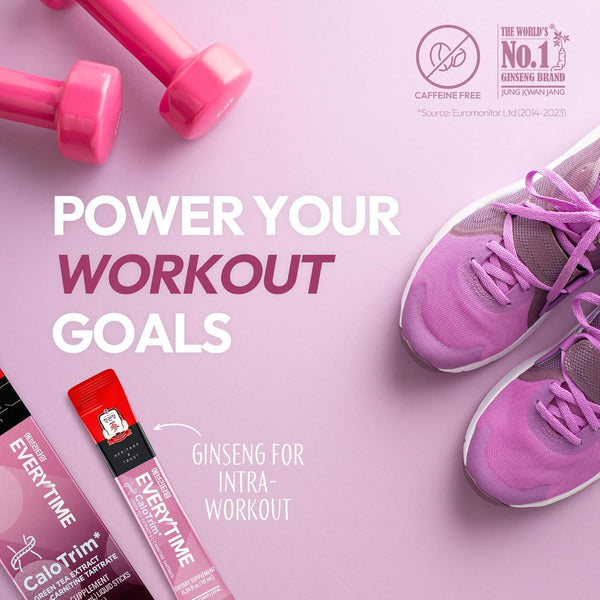 Pink sneakers, dumbbells, and 'Everytime' ginseng supplement on a pink background with motivational text.