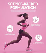 Woman running on a pink background with text about a science-backed formulation.