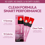 CaloTrim dietary supplement sticks with packaging on a pink background