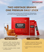 Promotional image of Ginseng Manuka products by Jung Kwan Jang and Comvita on a light background.