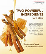 Ginseng and honeycomb with honey being drizzled over them, featuring Jung Kwan Jang branding.