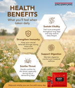 Health benefits infographic with nature background and product packaging.