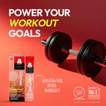 Supplement packaging with a barbell on a red background, promoting 'Power Your Workout Goals'.
