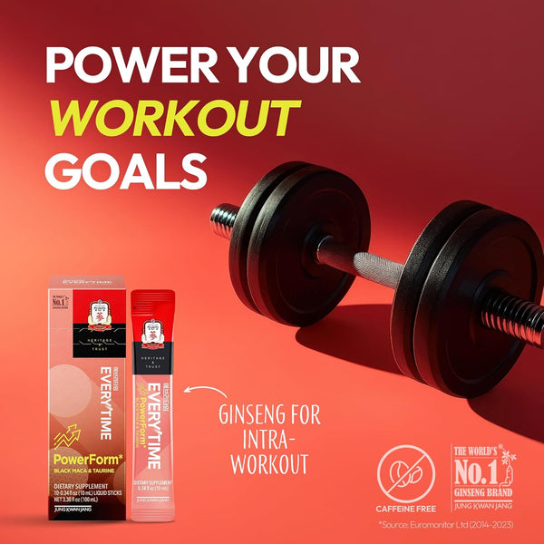 Supplement packaging with a barbell on a red background, promoting 'Power Your Workout Goals'.