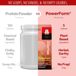 Comparison chart between protein powder and PowerForm, highlighting differences in calories, ingredient type, taste, and preparation.