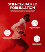 Man running with text about a science-backed formulation on a red background